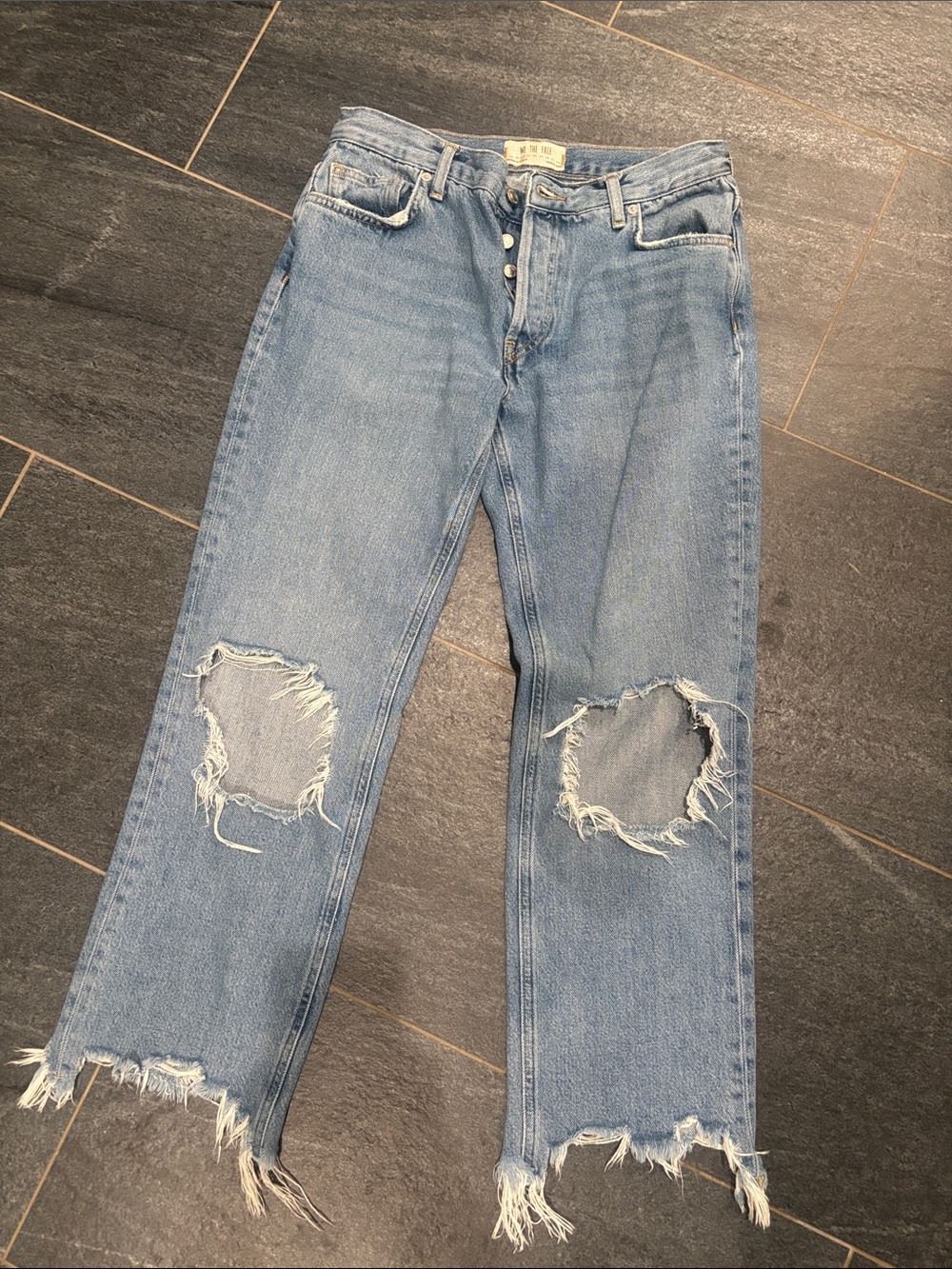 Free People Light Blue Distressed Boyfriend Jeans with Frayed Hems